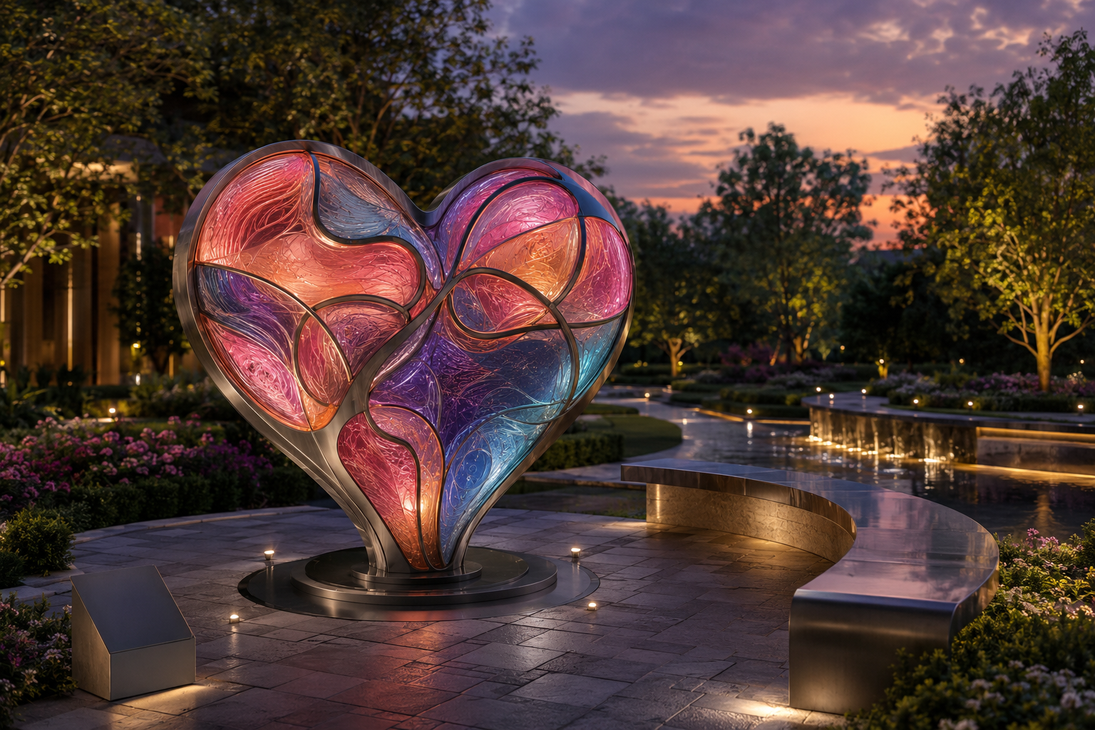 Illuminated steel and resin heart sculpture in a public garden at dusk