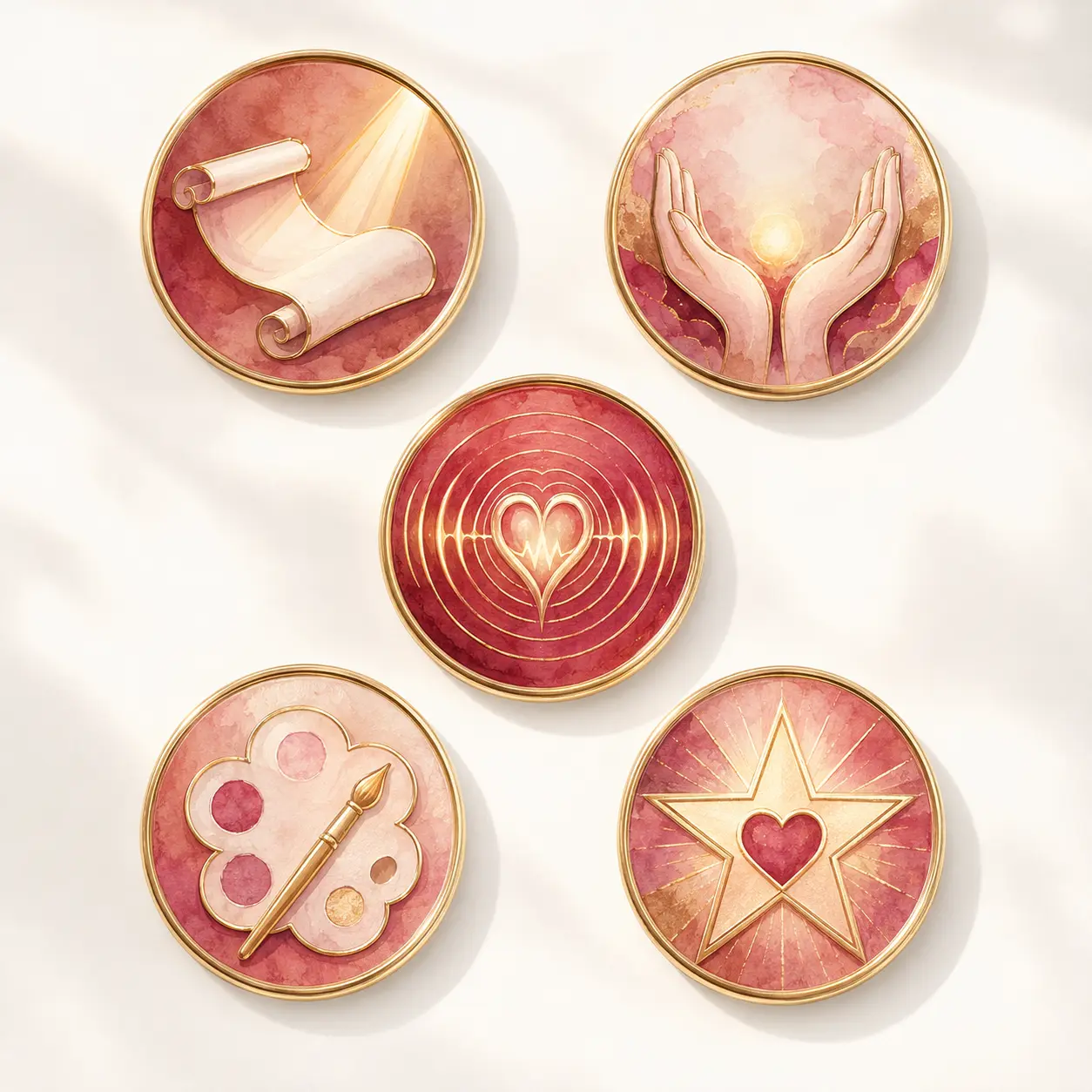 Five rose and gold circular badges showing a scroll, hands, heart waves, art palette, and star heart