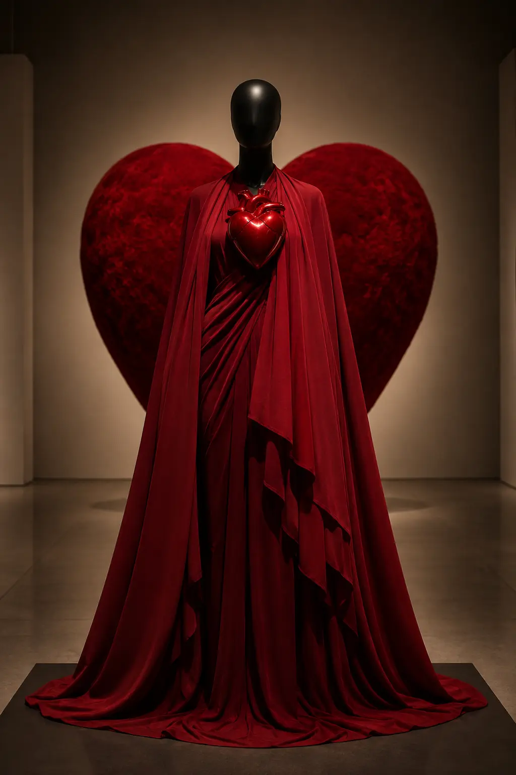 Featureless black mannequin draped in crimson with a glossy heart sculpture at the chest