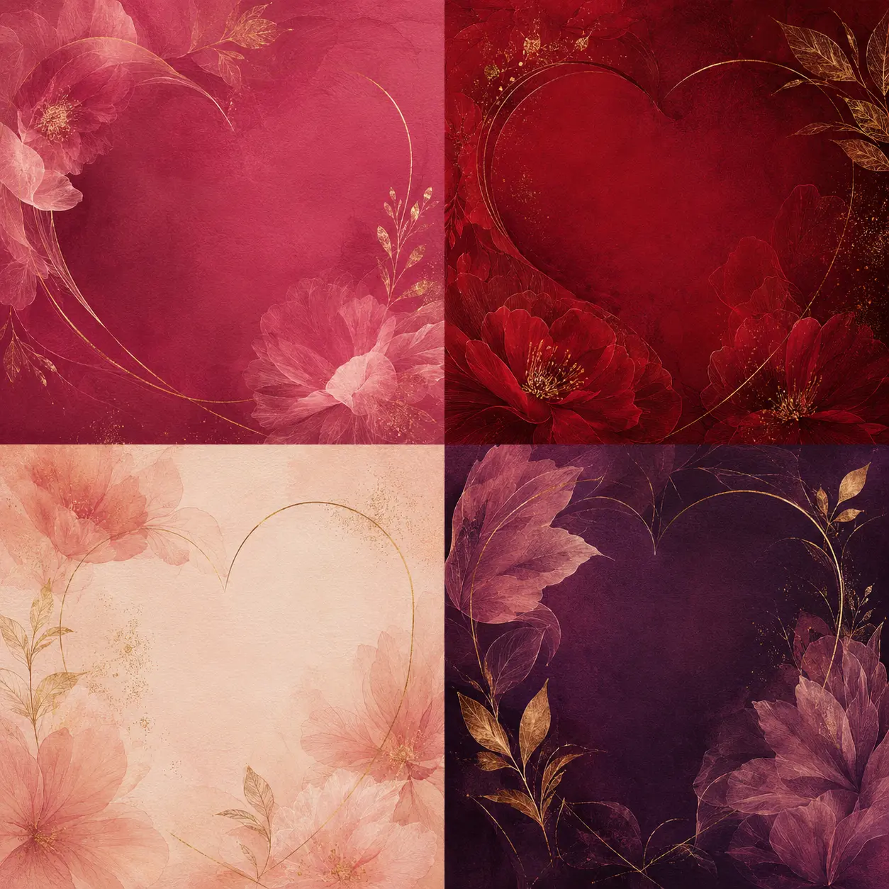 Four floral card panels in rose, crimson, blush, and plum with gold heart contours