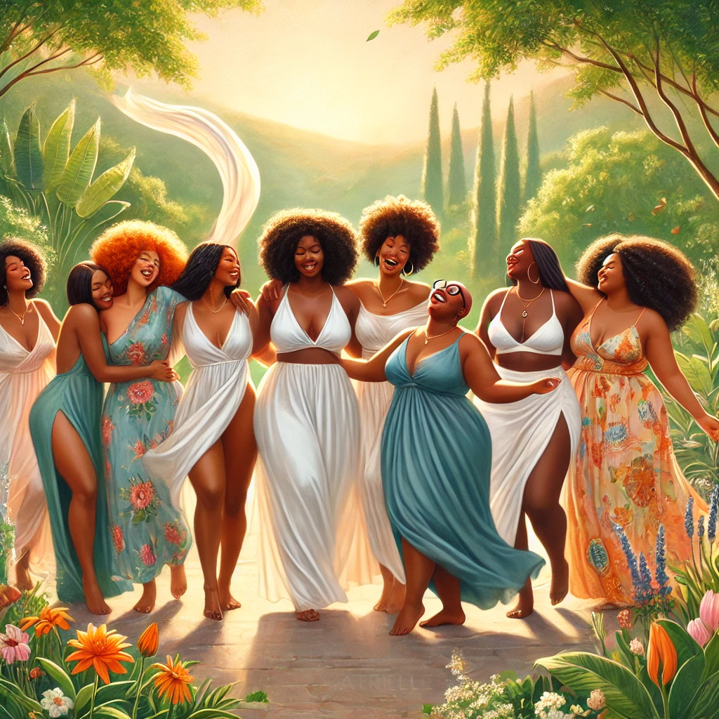 Black women gathered in a flower garden around a woman standing with open arms