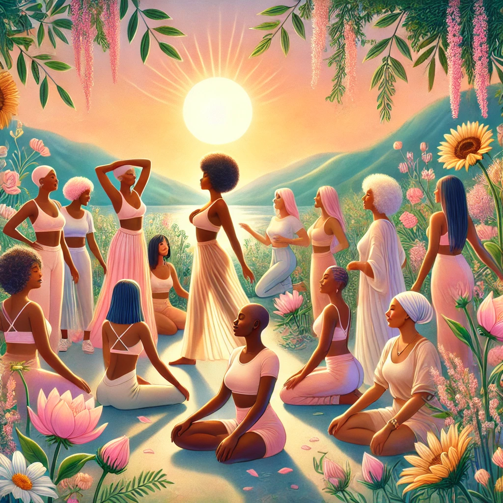Black women in bright crimson and coral clothing gathered among abundant flowers