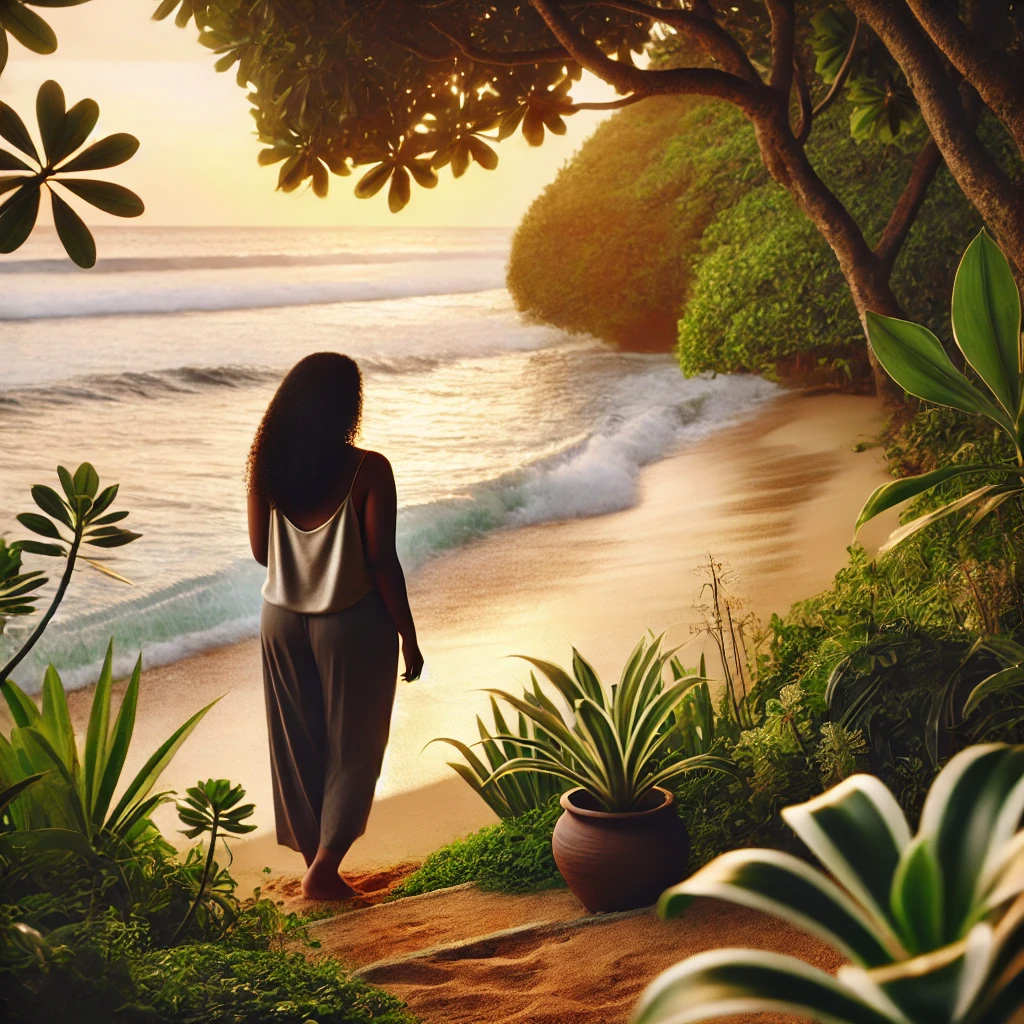 Black woman seated on a rock in a tropical garden overlooking the ocean