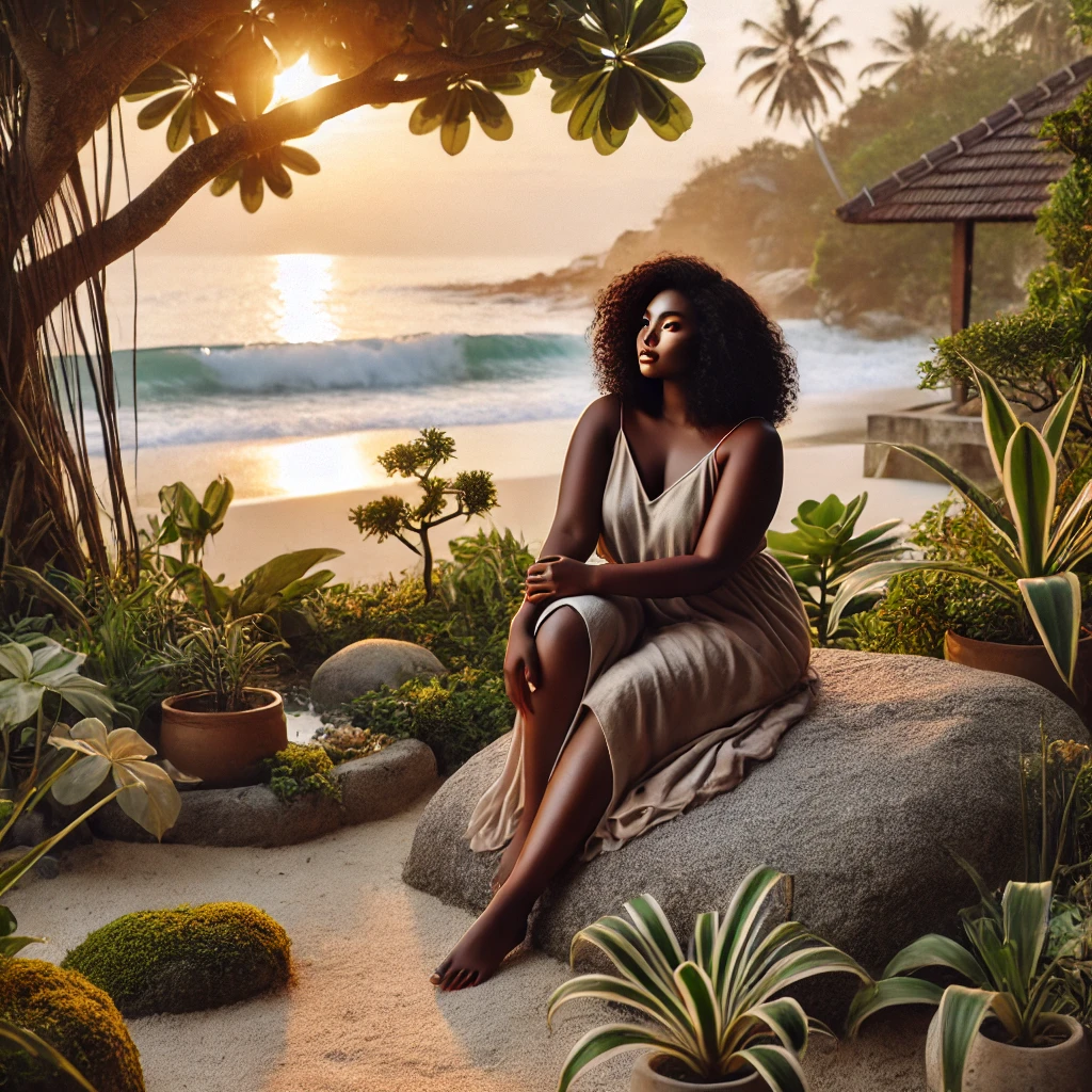 Black woman seated quietly in profile beside a sunlit tropical beach garden