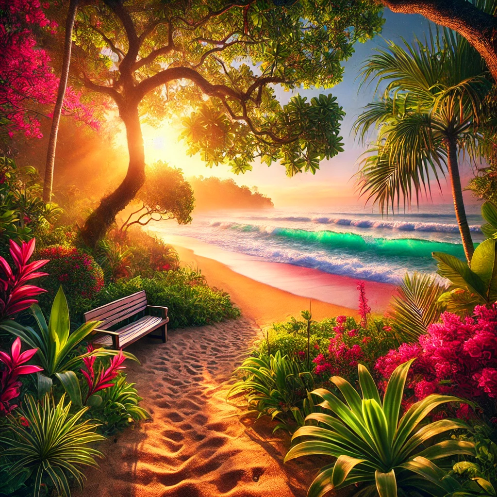 Peaceful tropical garden path leading to a sunlit beach with a bench beneath a broad tree