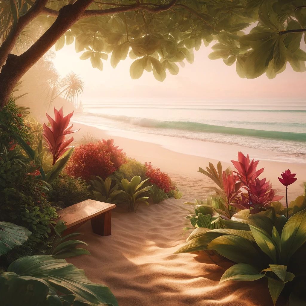 Flower-lined garden path leading beneath tropical trees toward a calm ocean