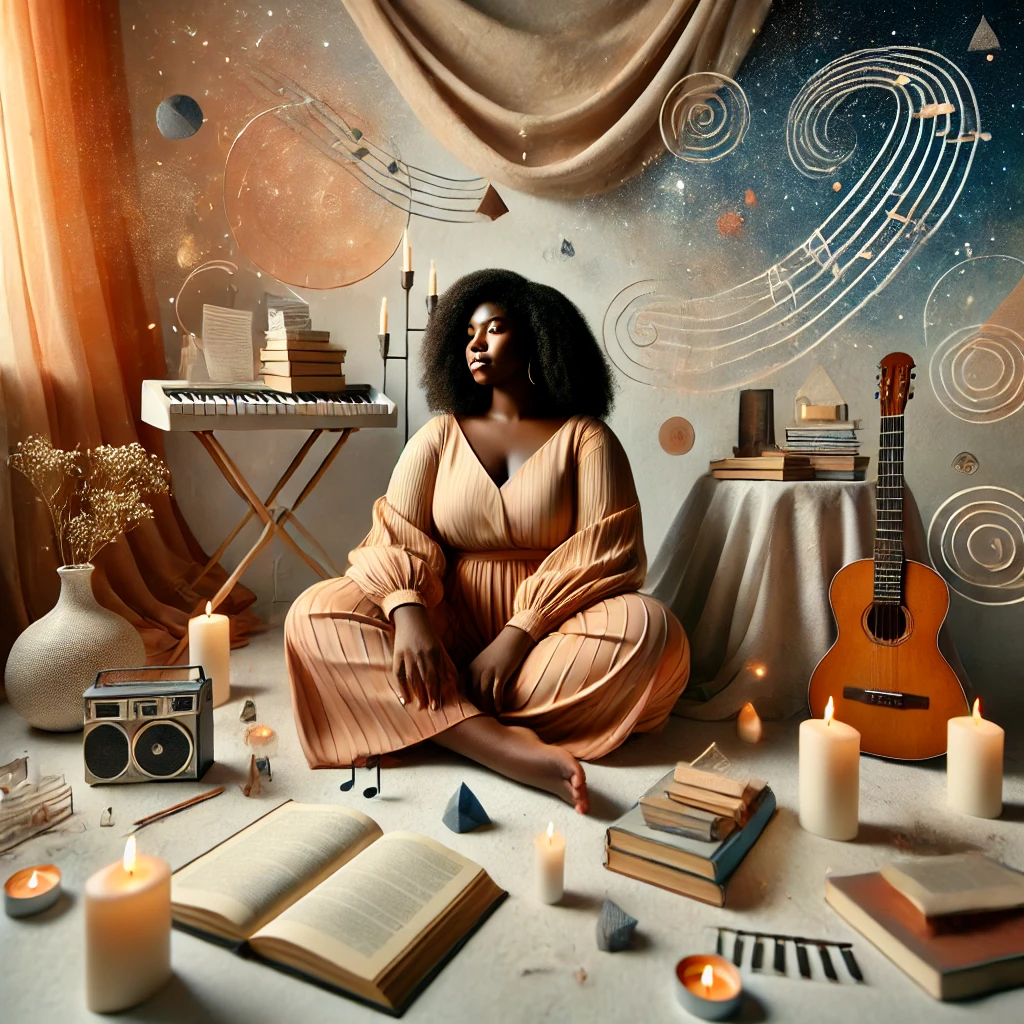 Black woman seated among a keyboard, guitar, books, candles, and musical drawings