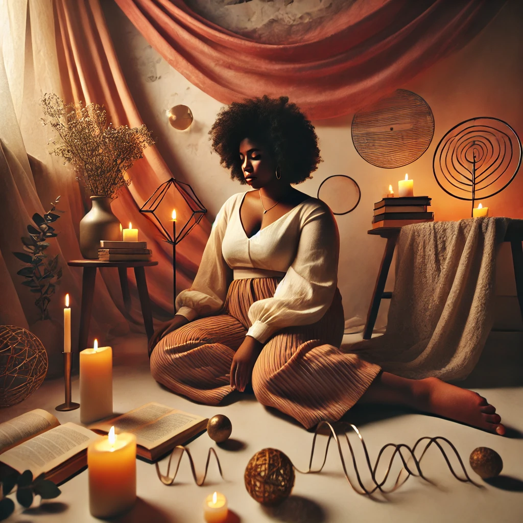 Black woman resting in a candlelit room with open books, soft fabric, and abstract line sculptures