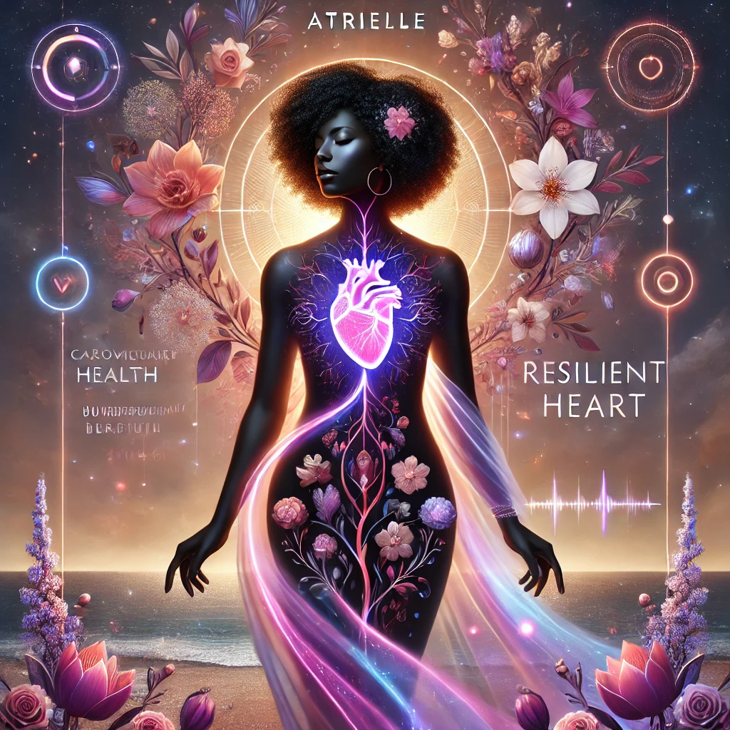 Black woman in a luminous floral setting with a glowing anatomical heart