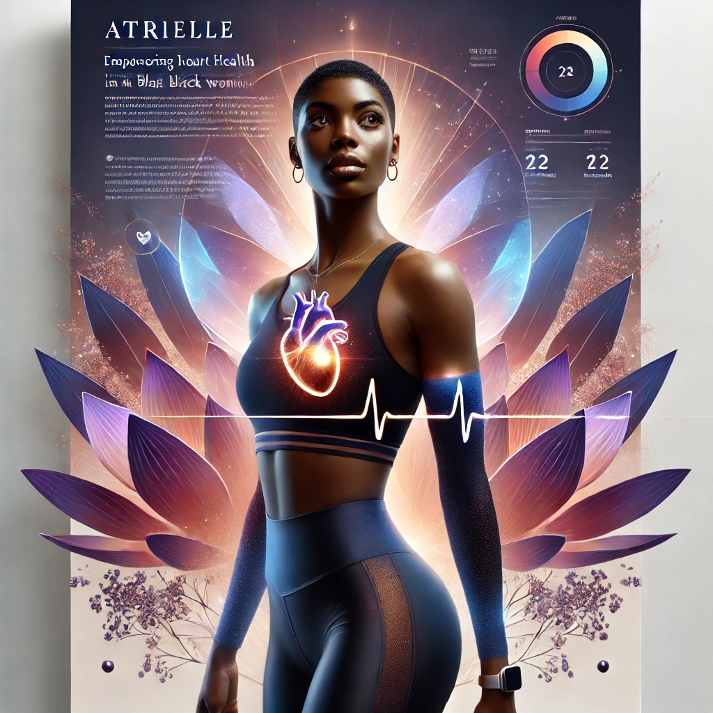 Athletic Black woman with a luminous heart framed by translucent petals and program graphics