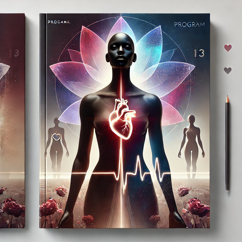 Stylized Black woman with a glowing heart and ECG line before translucent petals and a distant group