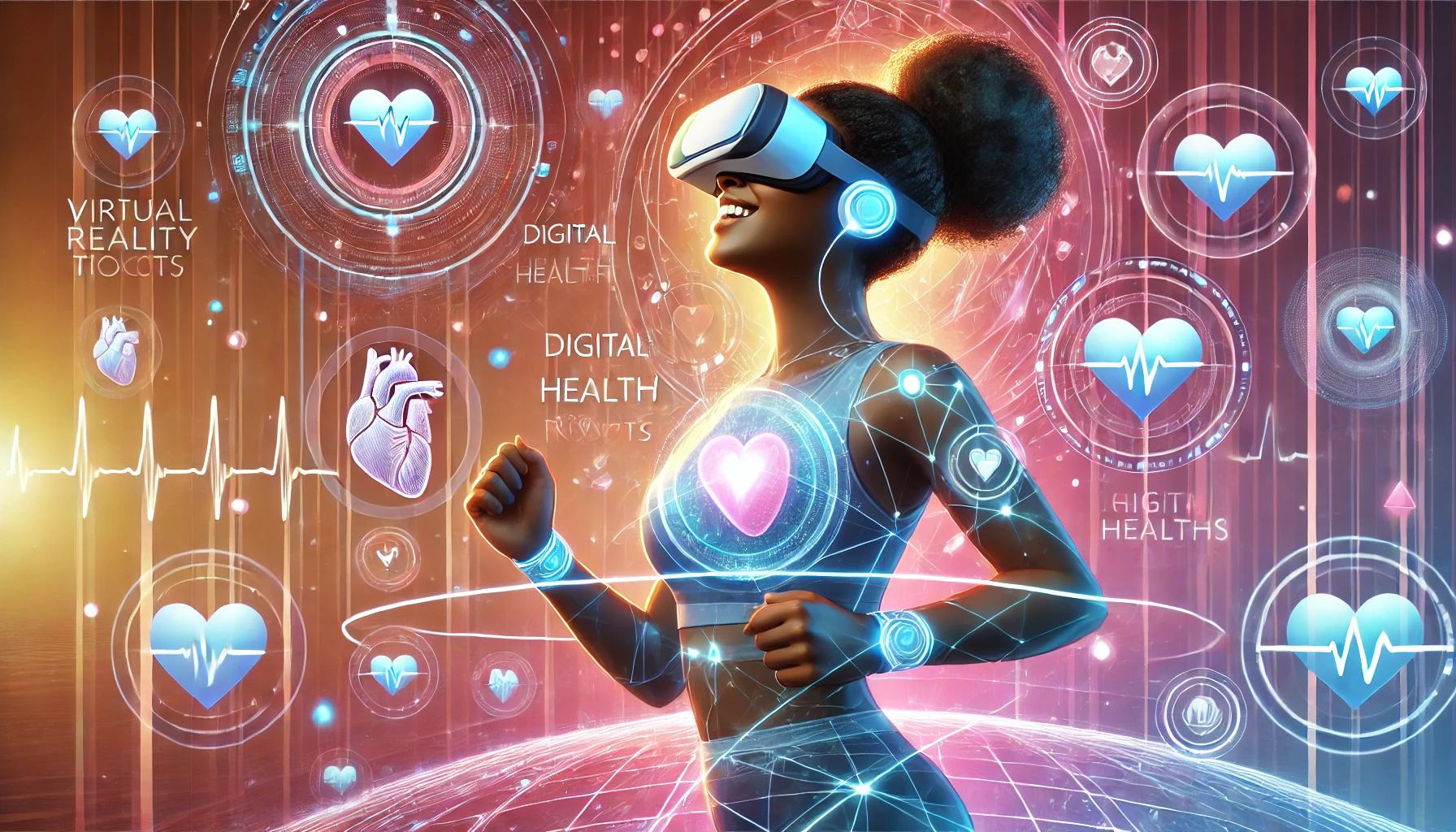 Black woman wearing a virtual reality headset in a luminous transforming digital landscape