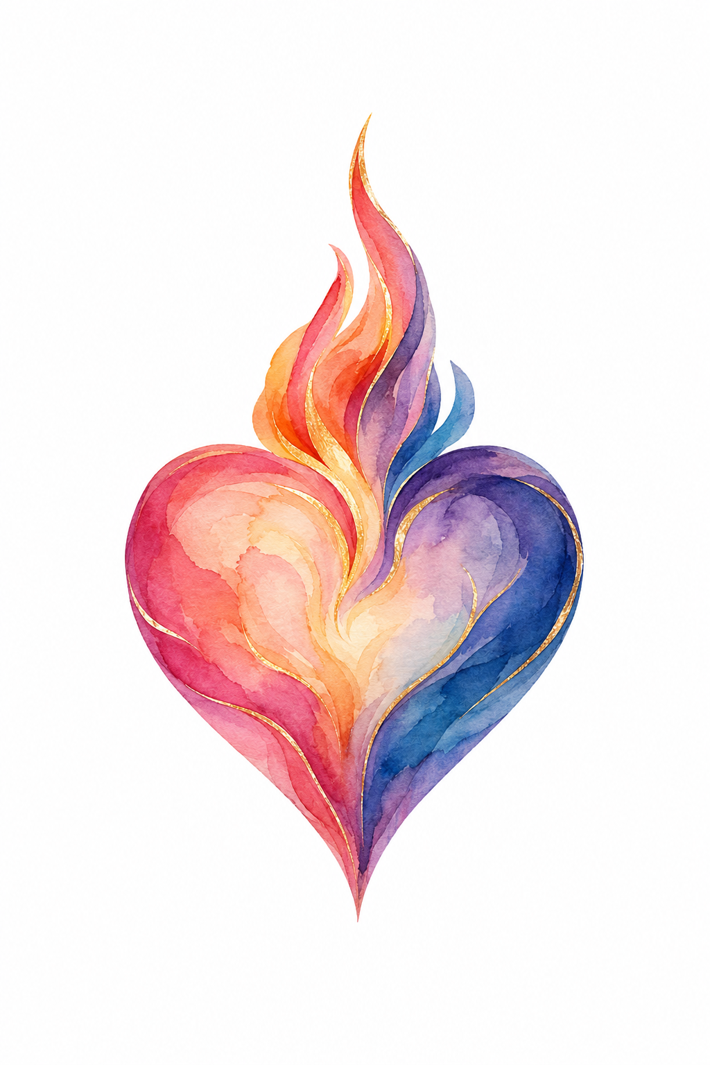 Wordless watercolor heart flame in coral, plum, blue and gold on pure white