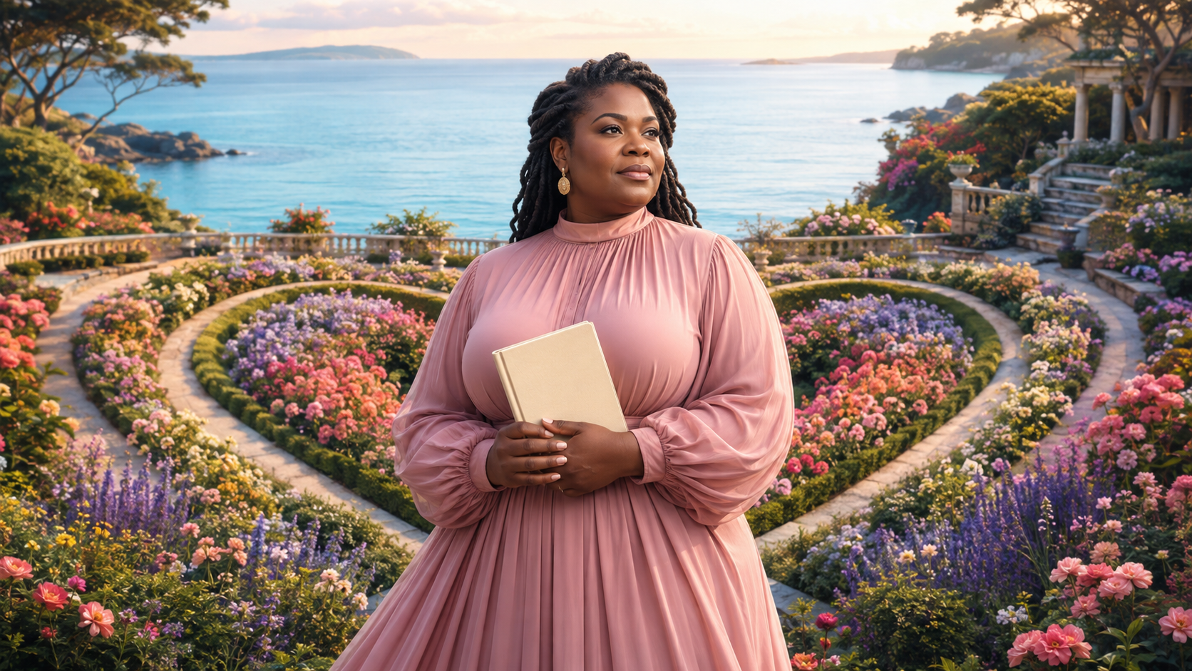 Prominent Black woman in a modest rose dress holding a blank notebook in a coastal heart garden