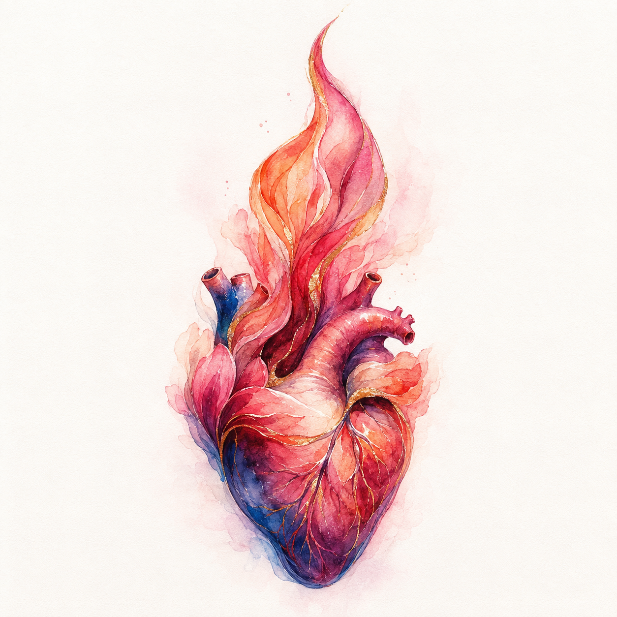 Wordless watercolor anatomical heart rising into a coral pink and plum flame