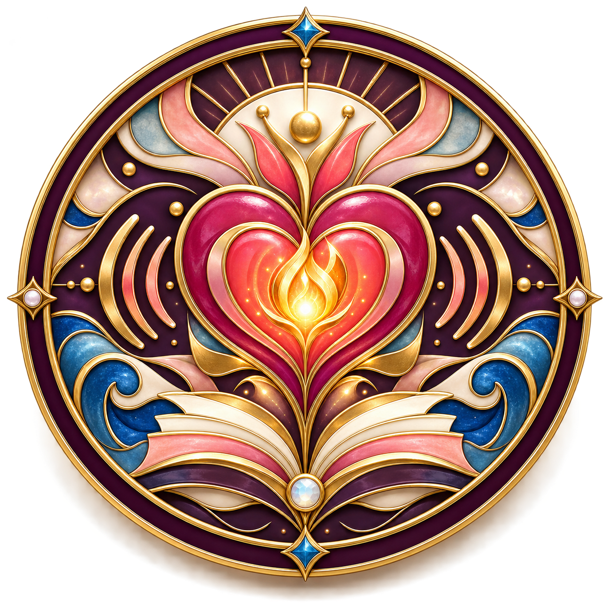 Circular plum coral blue and gold emblem with a heart flame, open pages and sound waves