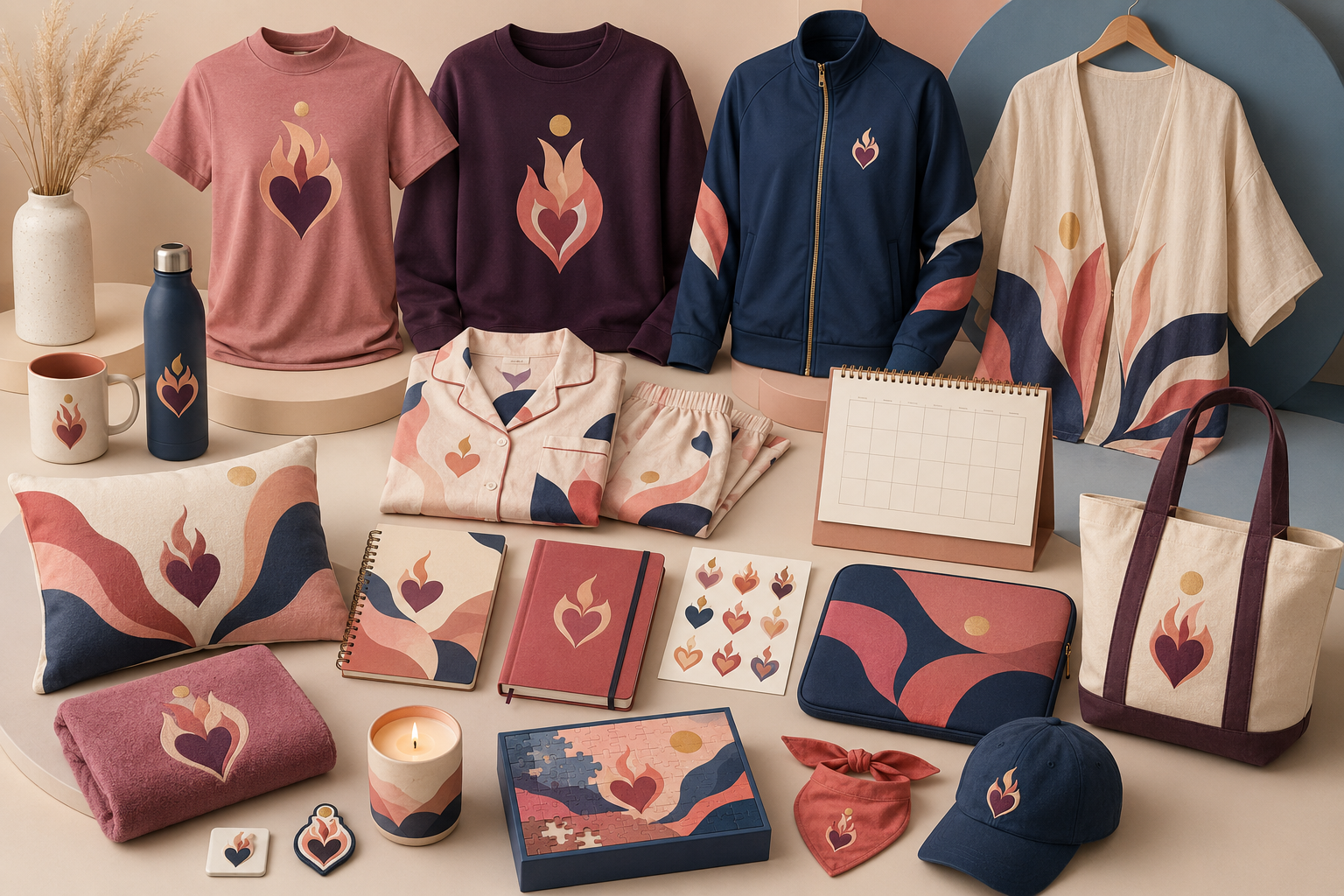 Wordless Atrielle merchandise collection in rose plum cream coral and ocean blue