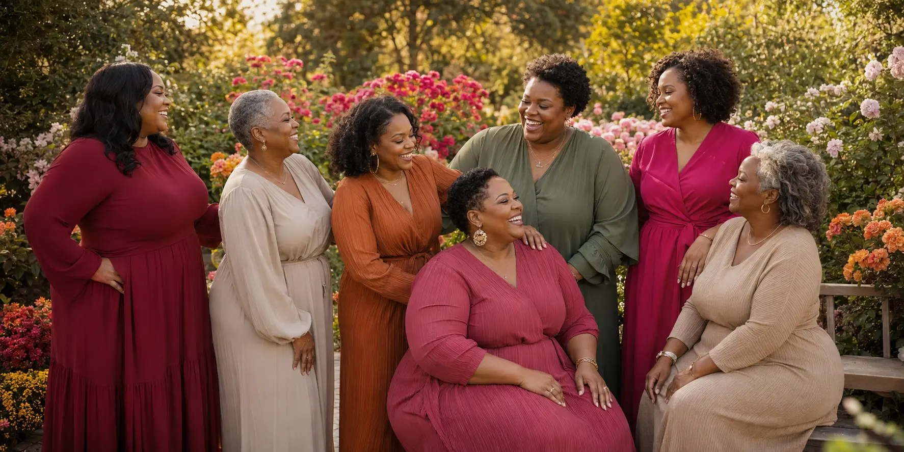 Seven African American women of varied ages and body sizes gathered in a sunlit flower garden