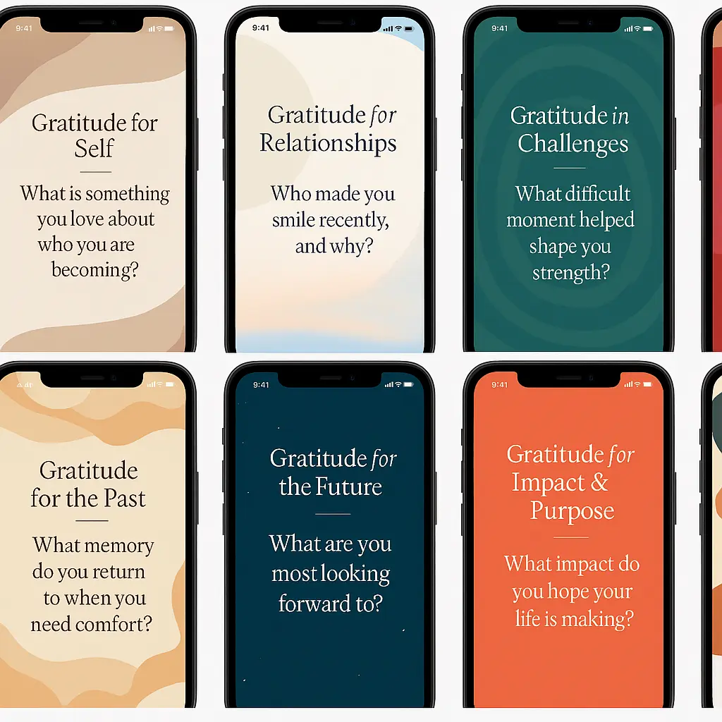 Collection of smartphone screens displaying gratitude reflection prompts