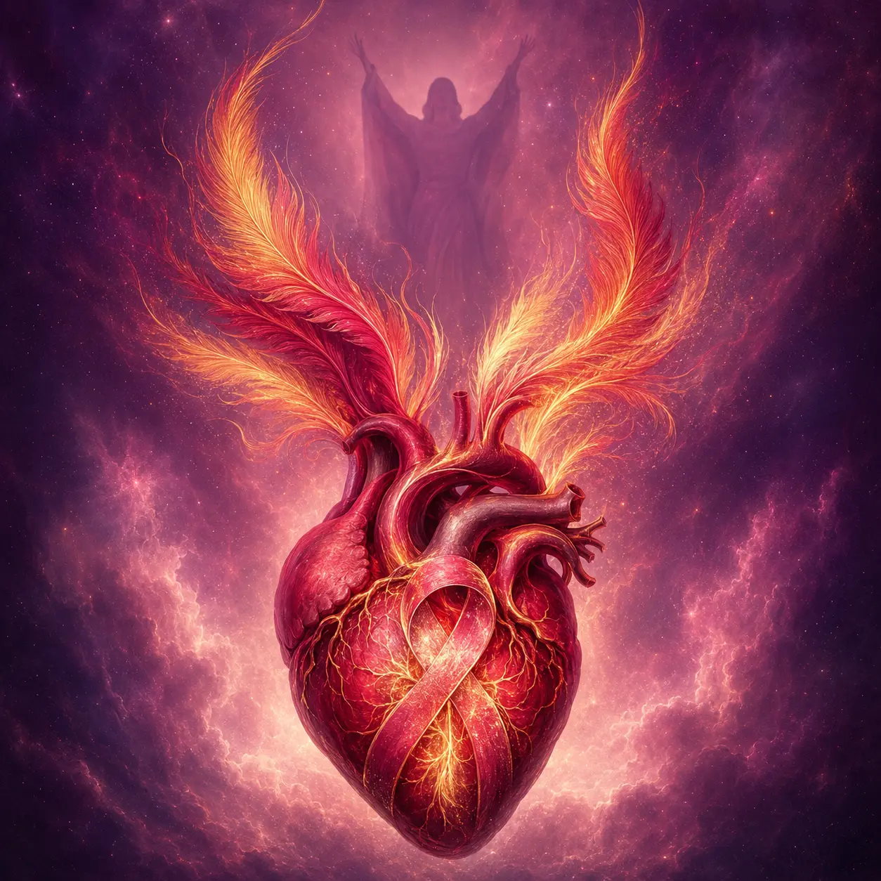 Glowing crimson anatomical heart with a pink ribbon, golden phoenix feathers, and distant woman silhouette
