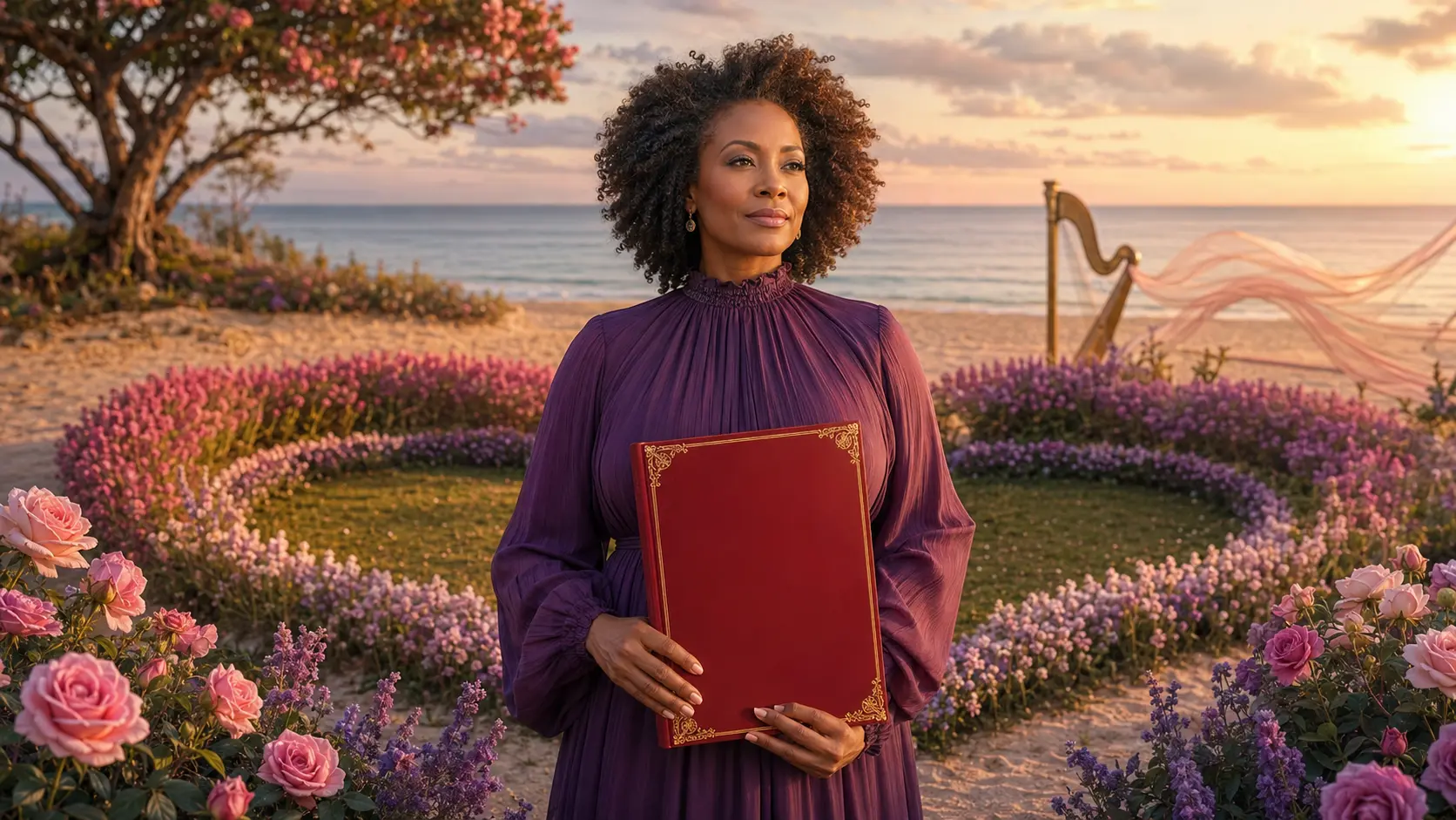Black woman in a purple dress holding a crimson notebook in a heart-shaped coastal flower garden