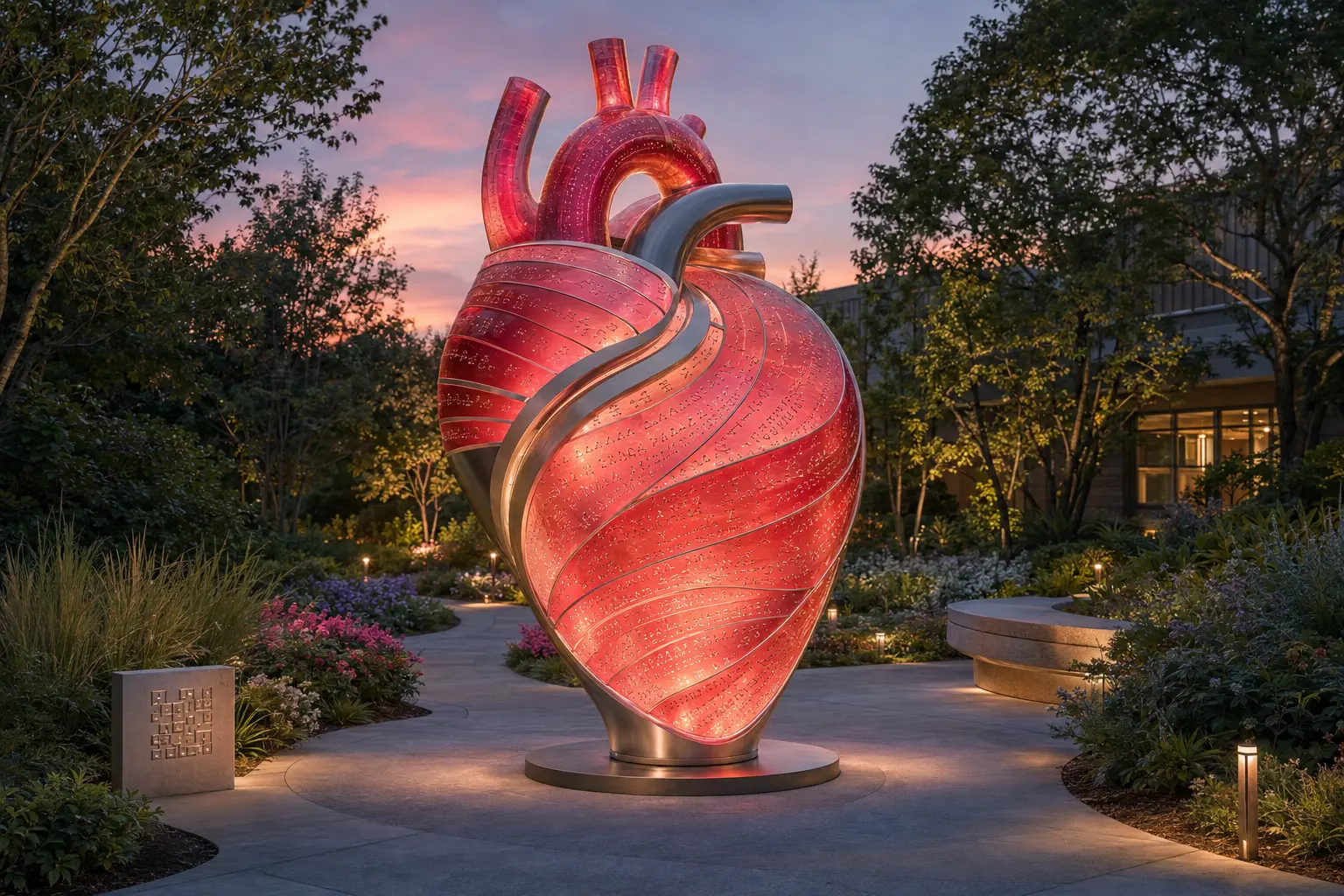 Monumental illuminated red heart sculpture in a hospital healing garden at dusk