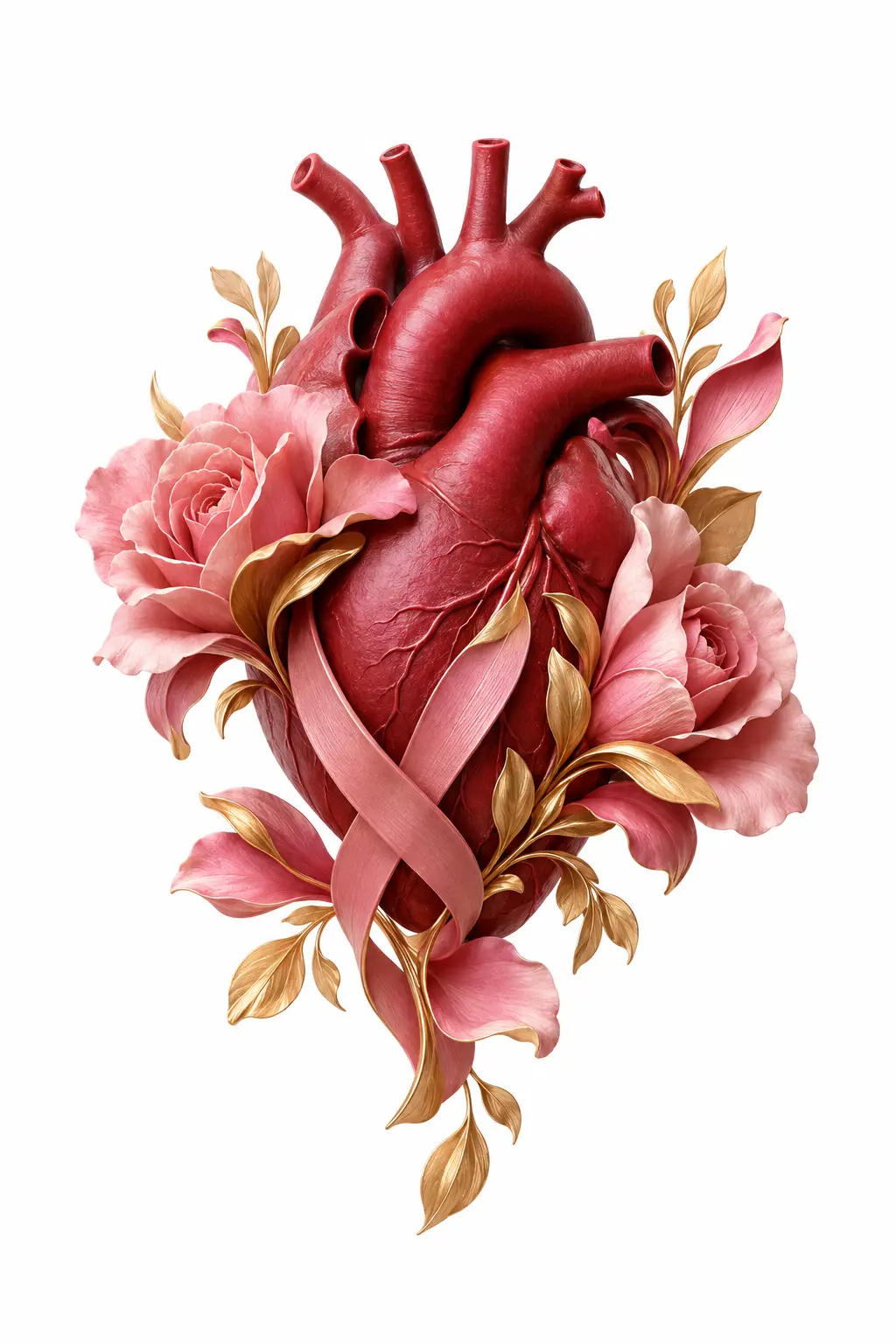 Crimson anatomical heart surrounded by pink roses, gold leaves, and a pink ribbon on white