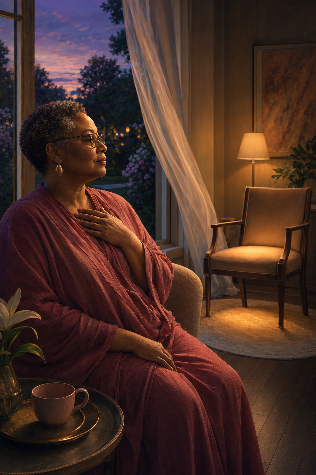 Black woman in a flowing rose garment reflecting beside a twilight garden window