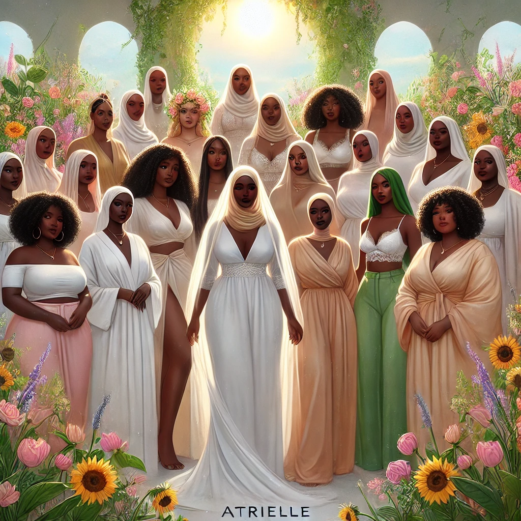 Diverse group of Black women walking together through a vivid flower garden