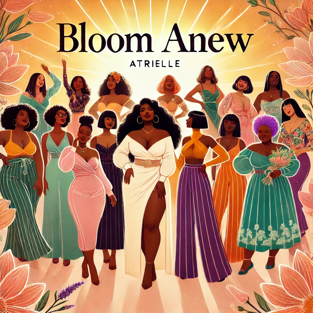 Black women in flowing dresses laughing together in a sunlit garden