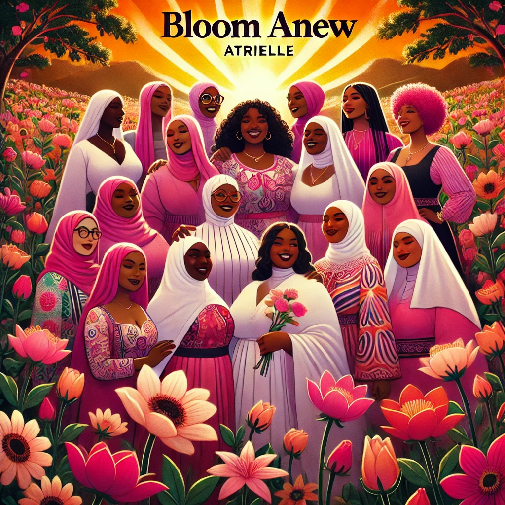 Black women in soft ivory garments standing together in a luminous flower meadow
