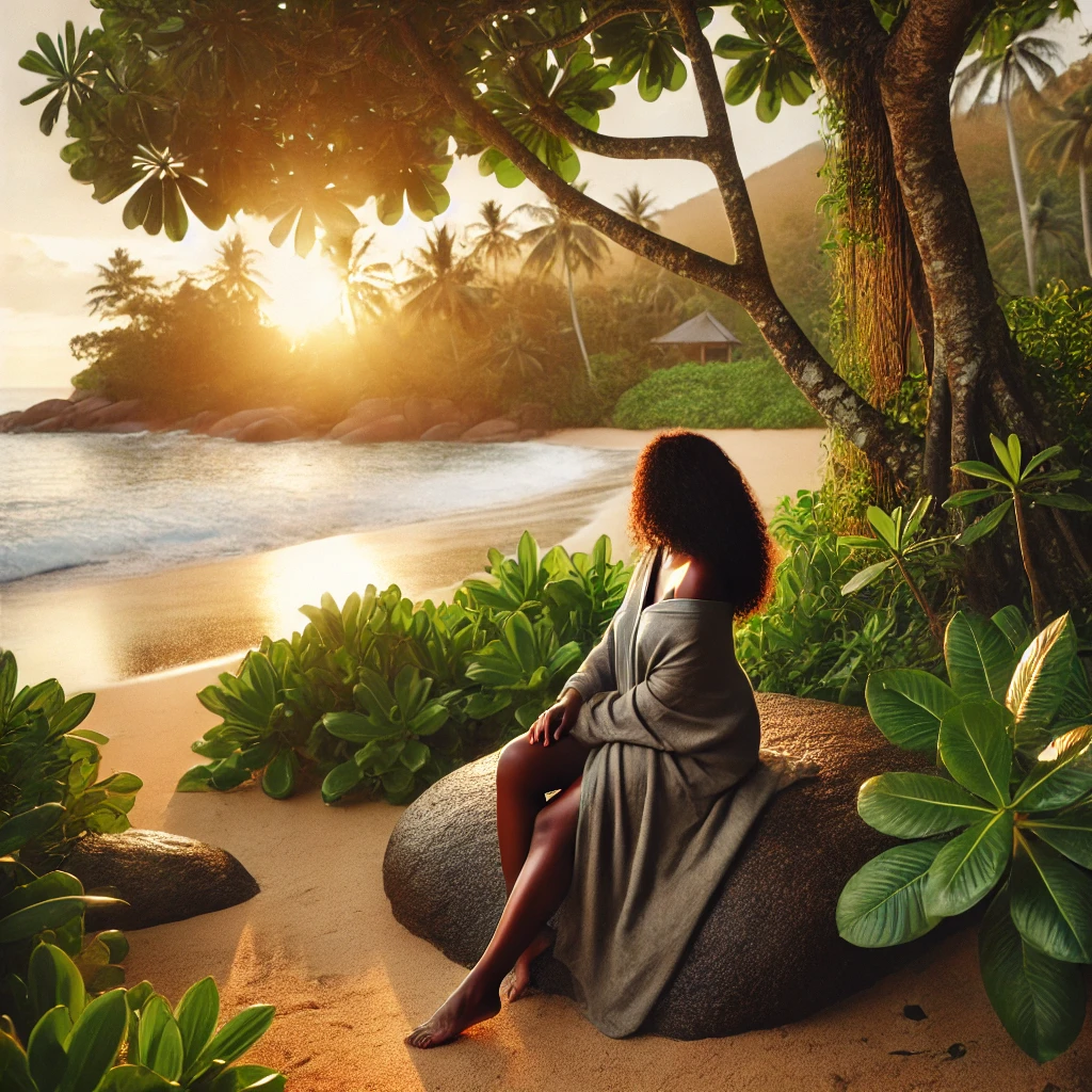 Black woman walking toward the water through a shaded tropical beach garden