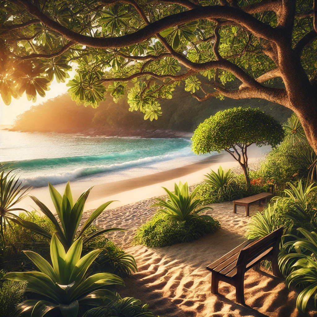 Quiet bench beside a rose-colored tropical shoreline beneath a large spreading tree