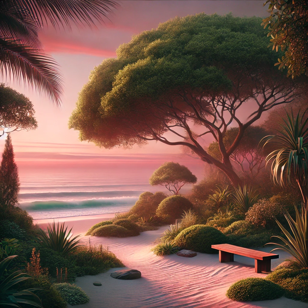 Vivid crimson and green tropical garden opening onto a bright turquoise beach at sunrise