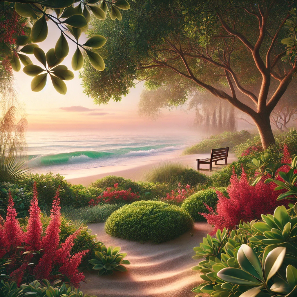 Two empty benches beneath tropical trees overlooking a pale blue shoreline