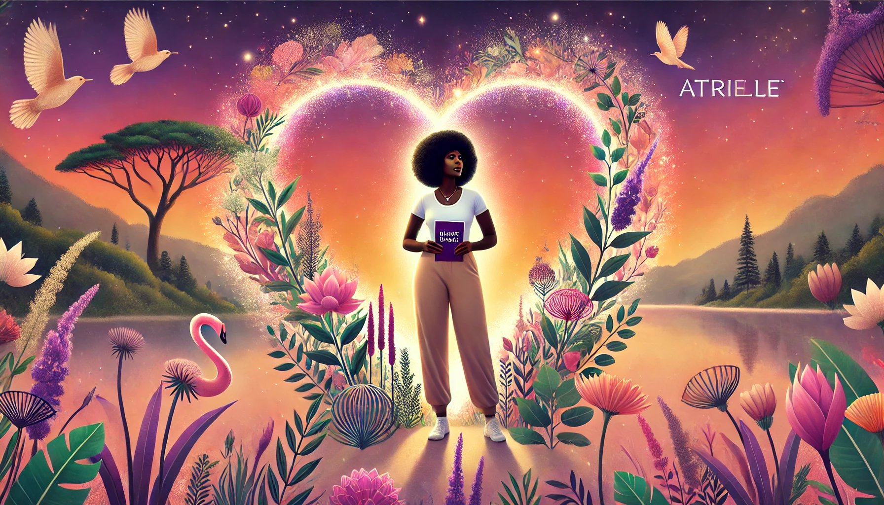 Black woman holding a notebook within a luminous heart-shaped floral garden