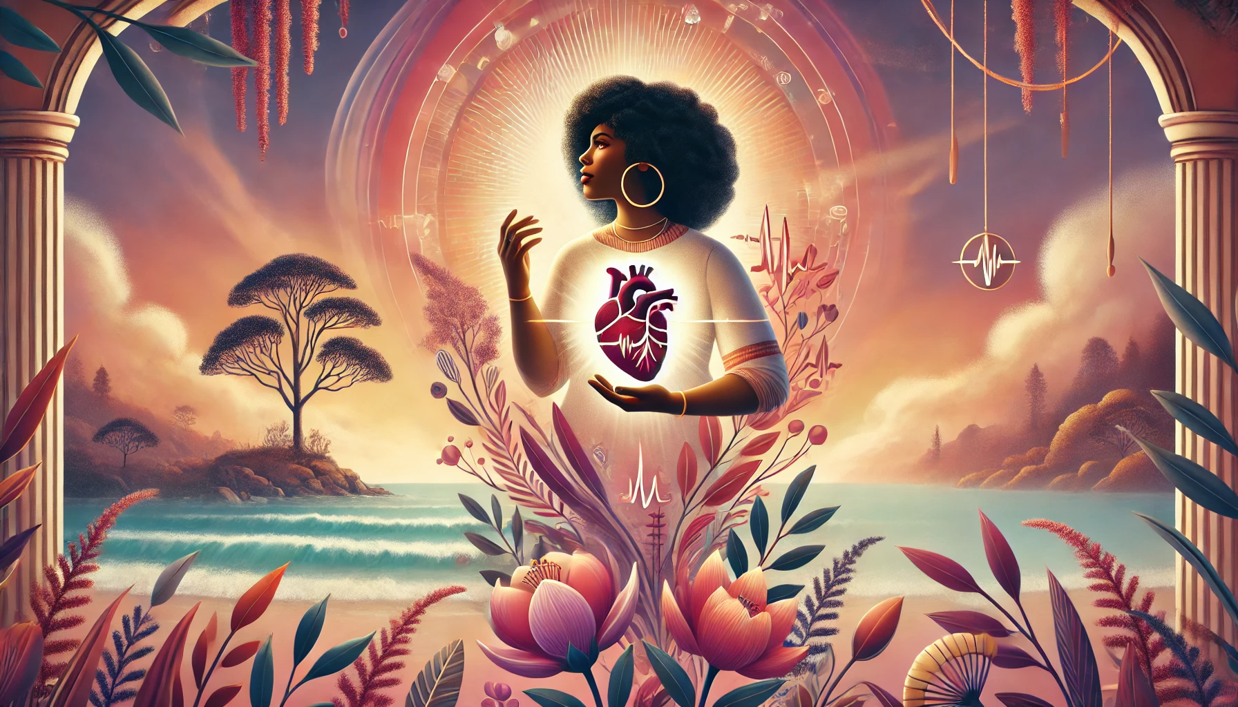 Black woman holding a glowing anatomical heart in a coastal floral landscape