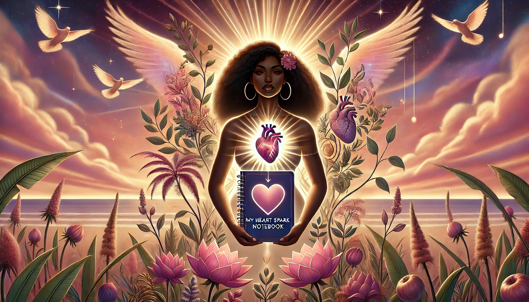Black woman holding a heart notebook beneath radiant wings and a glowing heart