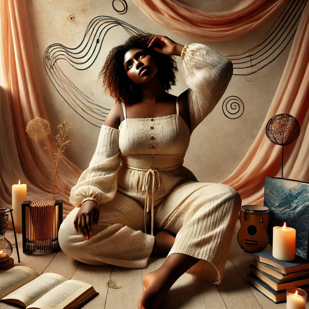 Black woman seated among books, candles, instruments, and flowing fabric in a warm music room