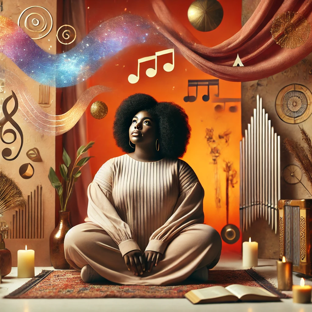 Black woman seated beneath abstract starlight and musical symbols in a warm contemplative room