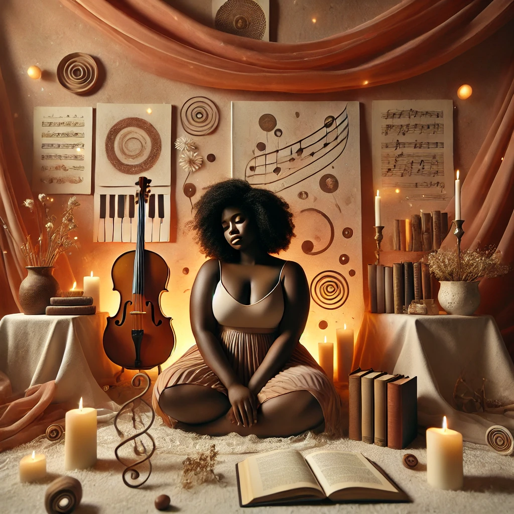 Black woman seated beside a cello, books, candles, and hand-drawn music studies