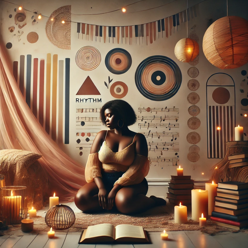 Black woman seated in a warm room with graphic circles, musical notation, books, and candles
