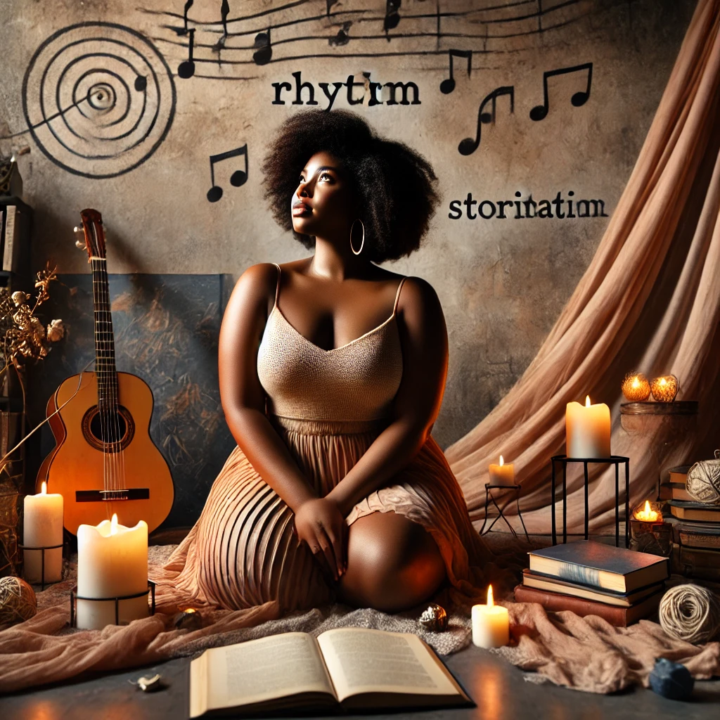 Black woman seated beside a guitar, books, candles, and soft drapery in a music studio