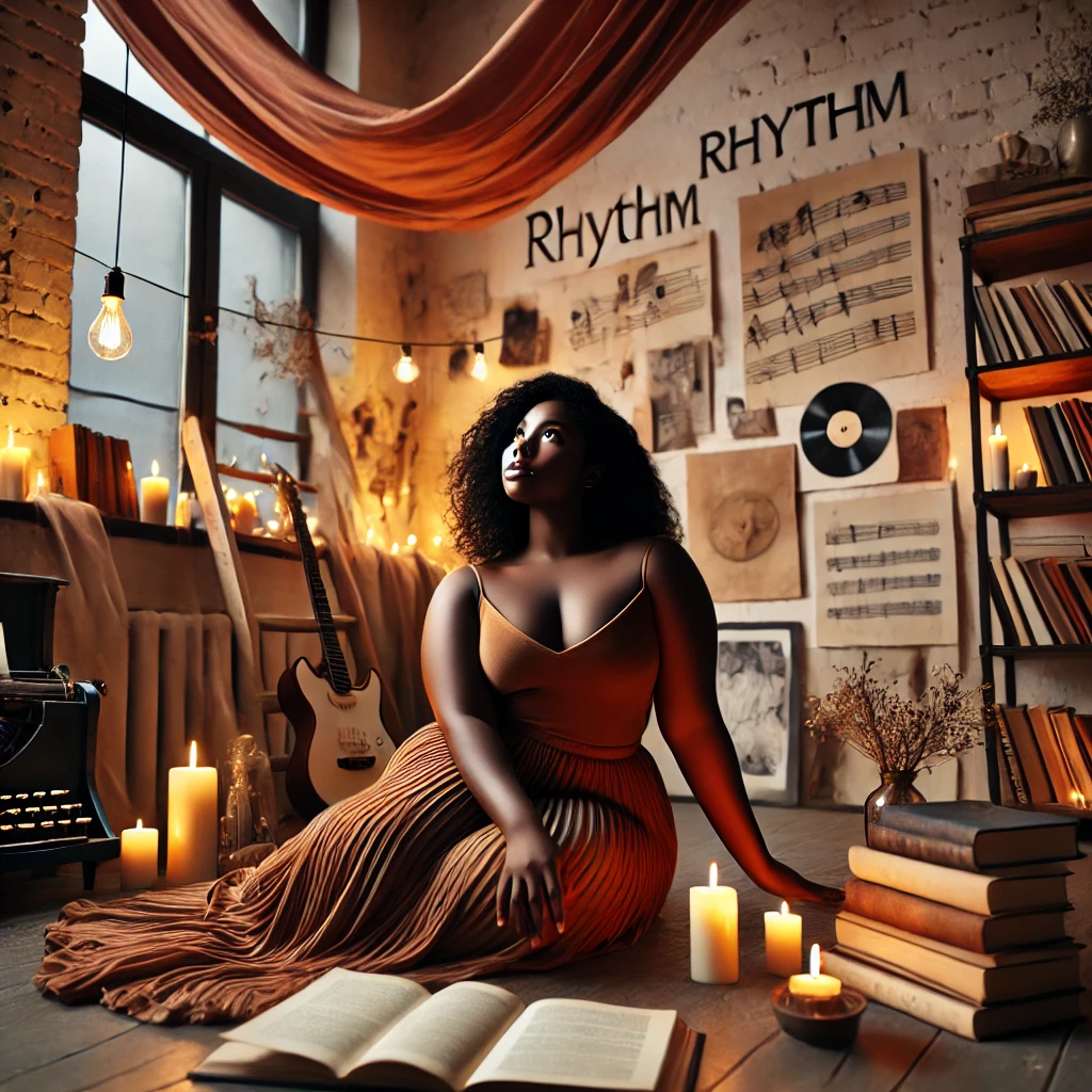 Black woman seated in a loft music studio with books, candles, instruments, and tall windows