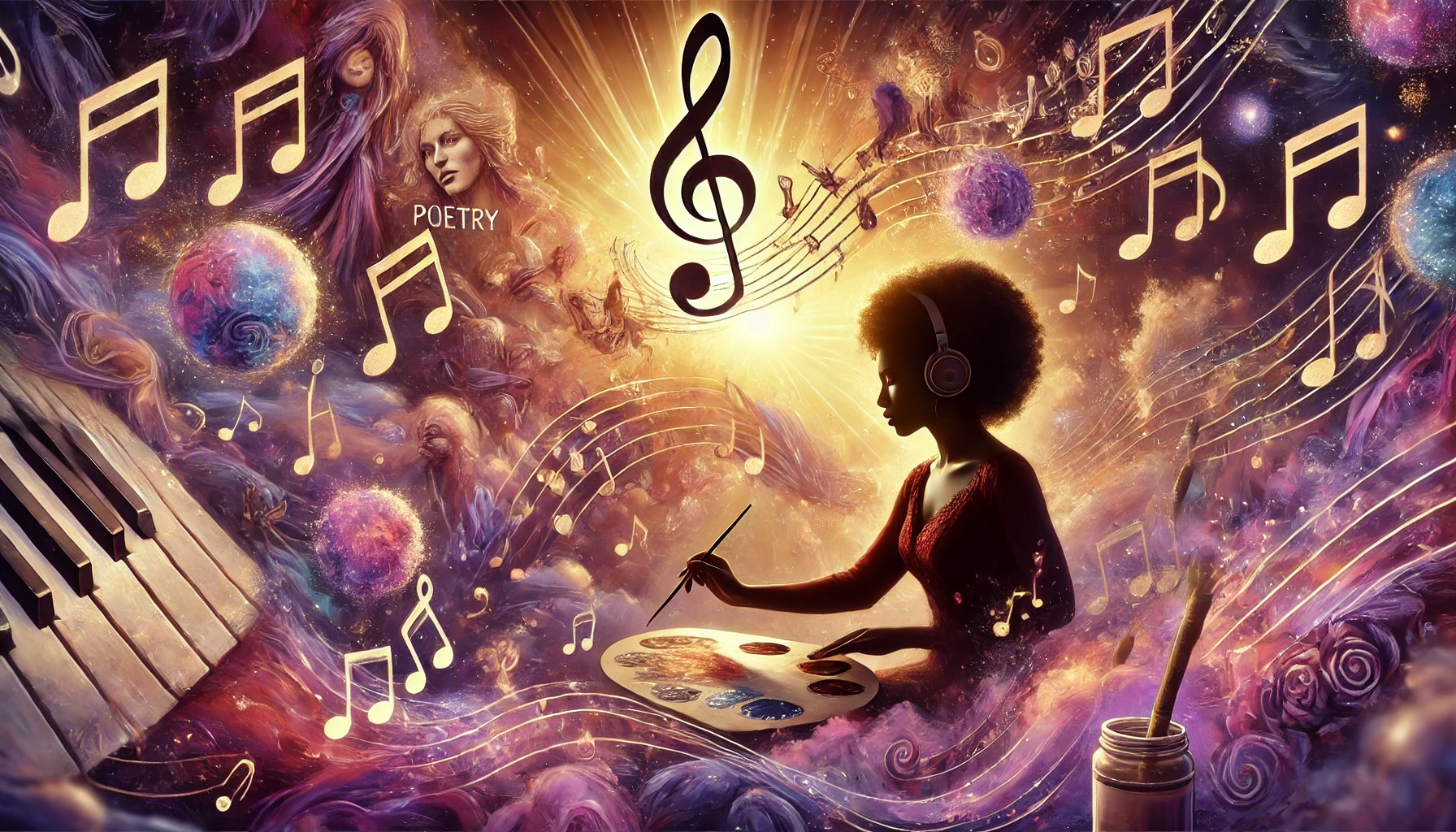 Black woman immersed in a dreamlike musical environment with floating notes and luminous color