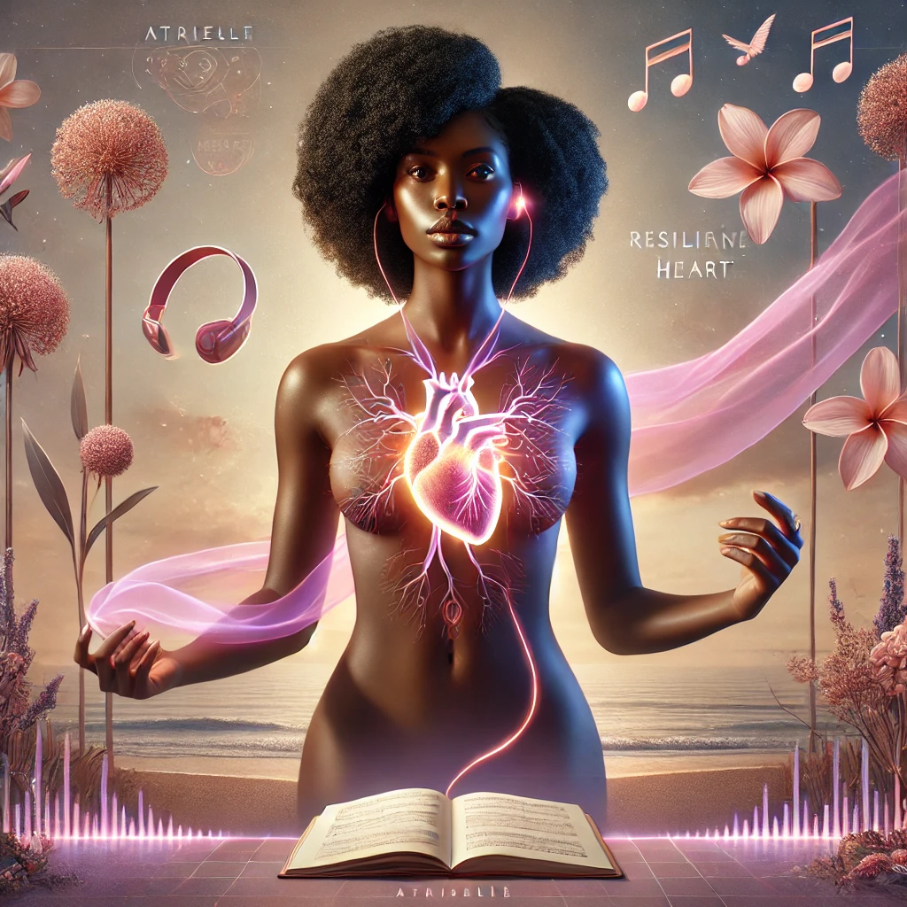 Black woman with a luminous heart beside headphones, an open book, flowers, and musical symbols