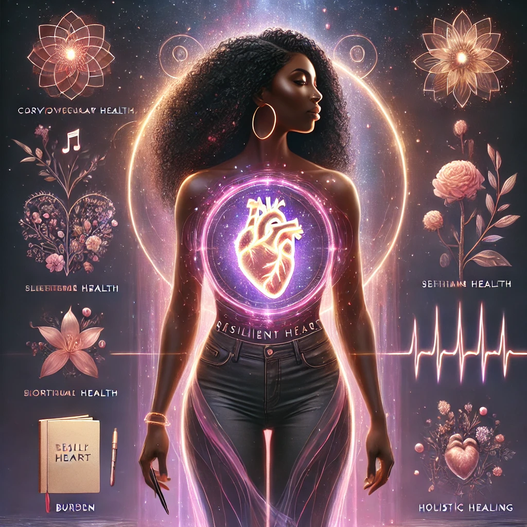 Black woman with a glowing heart surrounded by floral and whole-health graphics