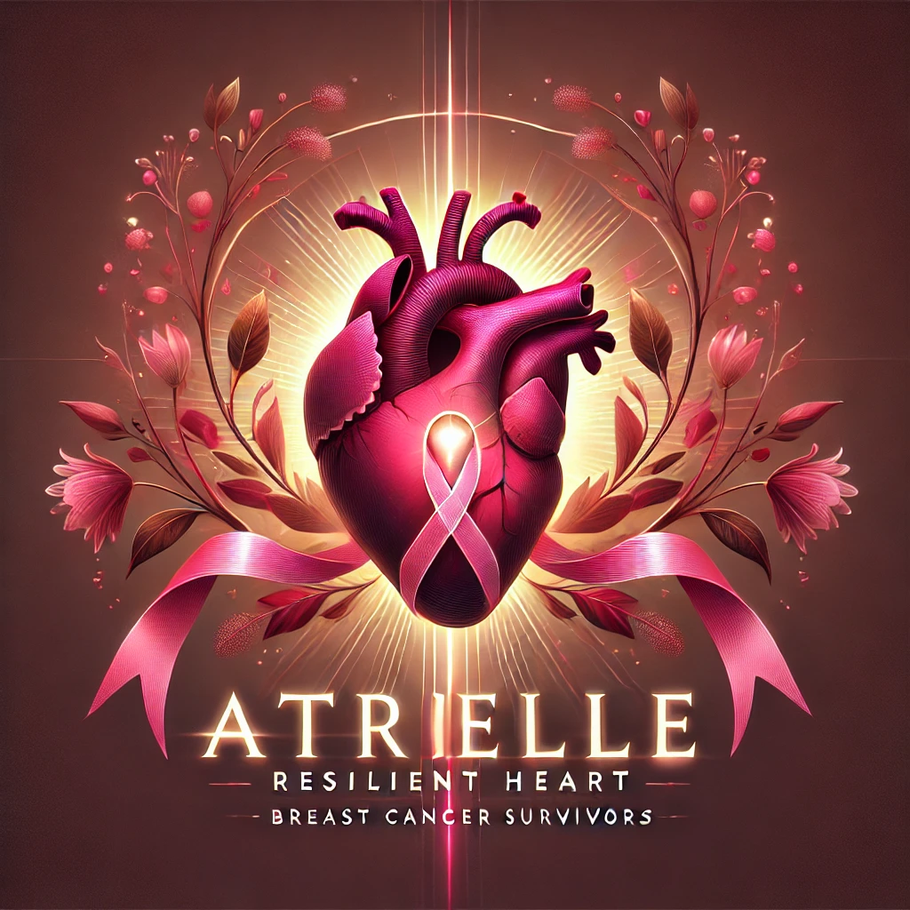Crimson anatomical heart with a pink ribbon, gold halo, and botanical wreath