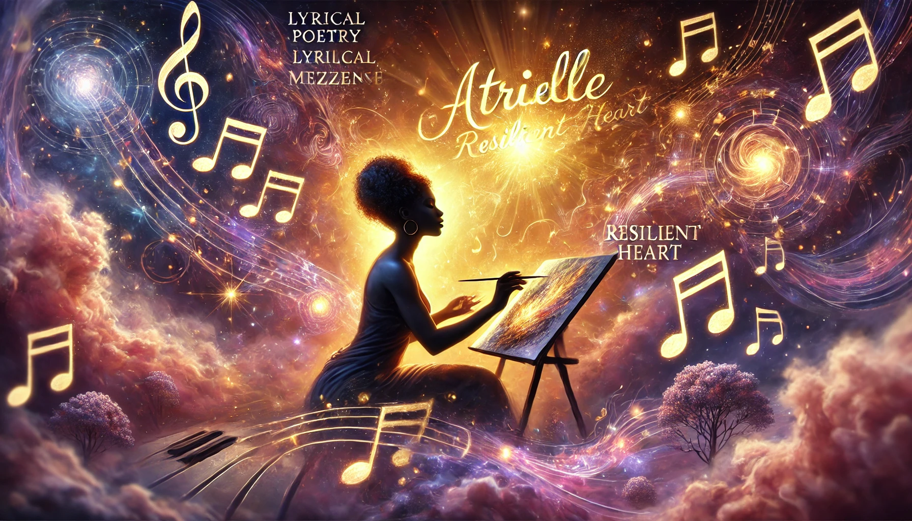 Silhouette of a Black woman performing music in a glowing cosmic Atrielle environment