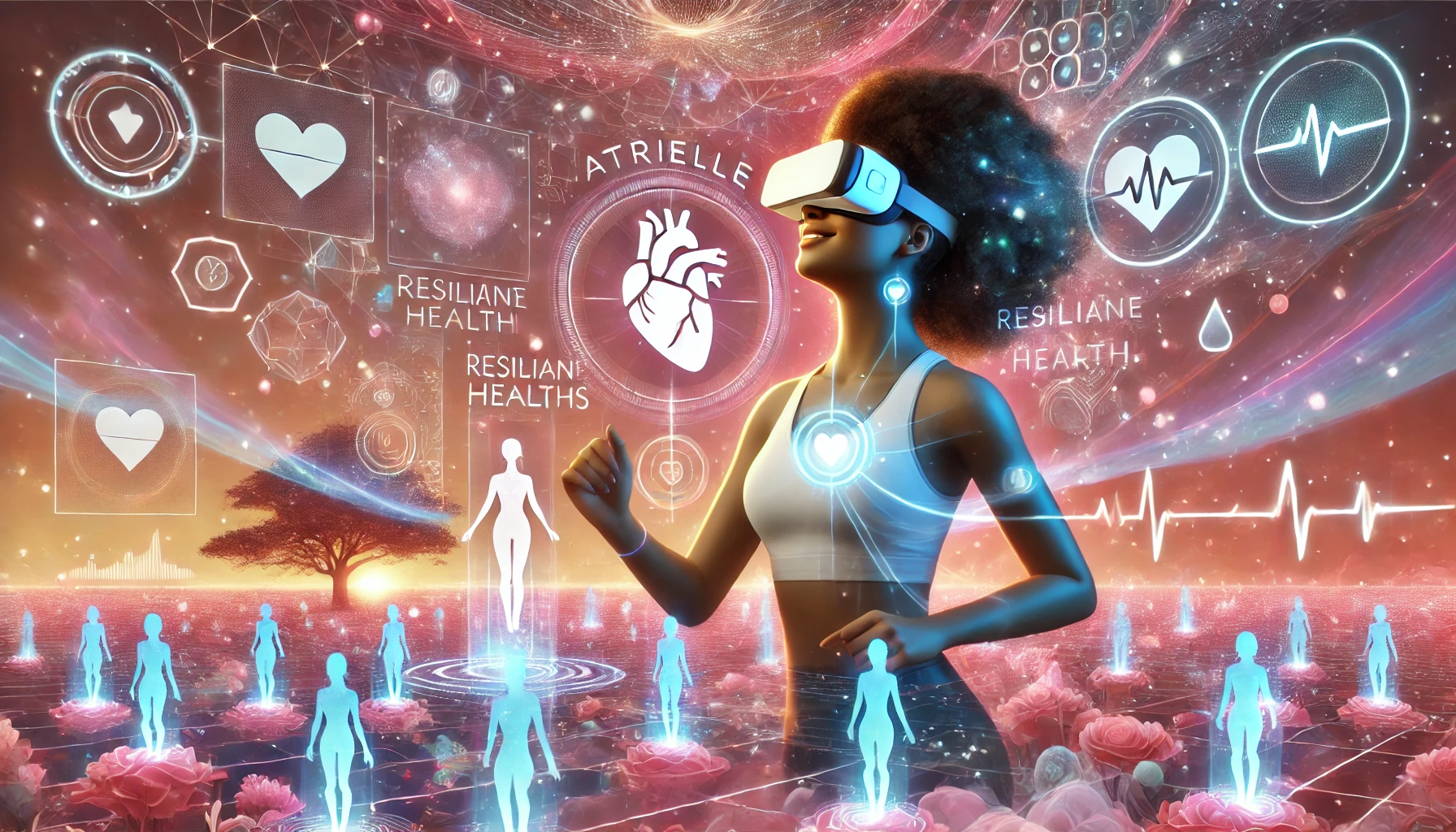 Black woman in futuristic glasses interacting with glowing heart-health graphics